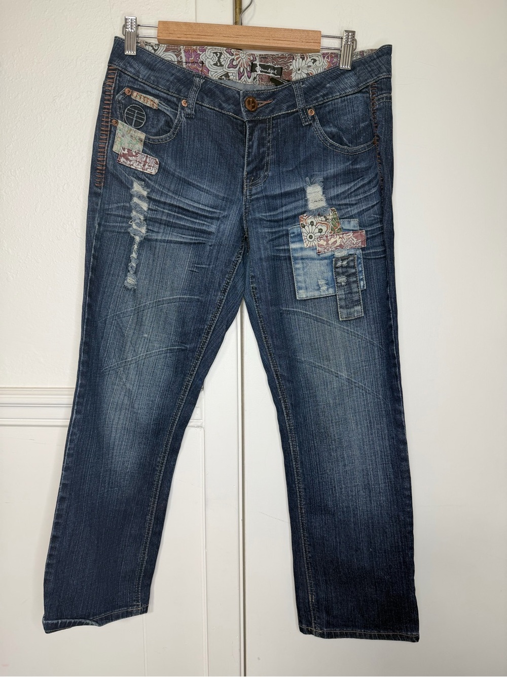 Soundgirl Straight Leg Dark Blue Jeans with Patchwork Detail size 11 Junior